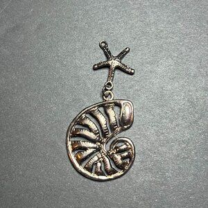 Dark Copper Tone Nautilus Shell & Starfish Ocean Beach Nautical Necklace Pendant